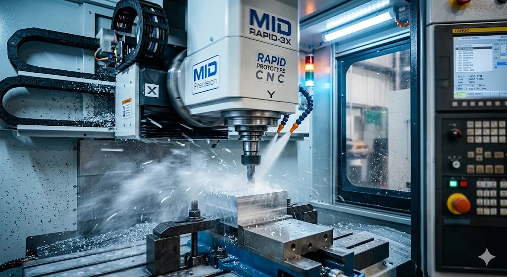 High-speed CNC machine milling an aluminum prototype part in a professional workshop. High-speed CNC machine milling an aluminum prototype part in a professional workshop.