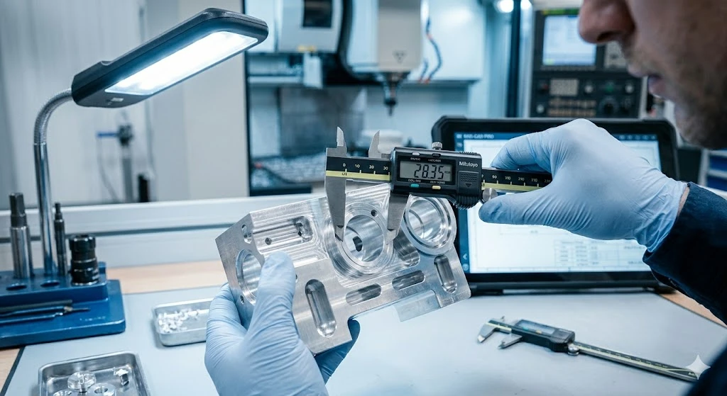 Quality inspection of a CNC machined prototype using digital measuring equipment.