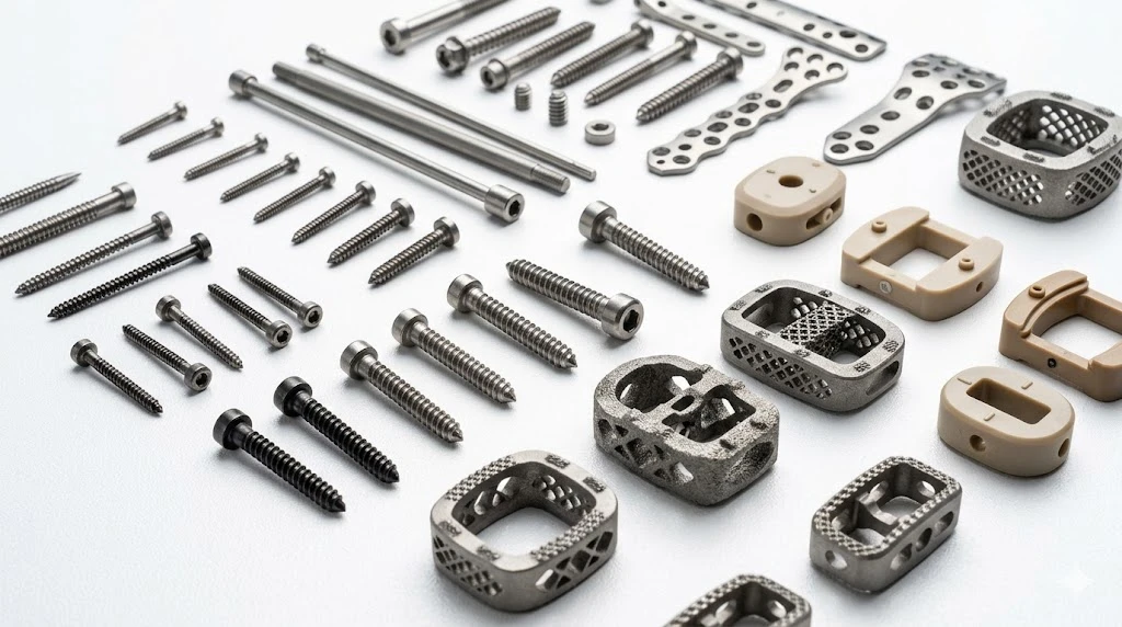 Precision machined titanium and PEEK medical device components like orthopedic implants and bone screws Precision machined titanium and PEEK medical device components like orthopedic implants and bone screws