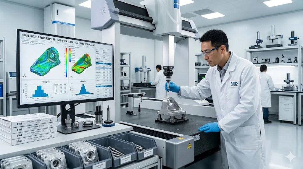 Quality inspector using CMM machine to verify precision CNC parts with statistical data Quality inspector using CMM machine to verify precision CNC parts with statistical data