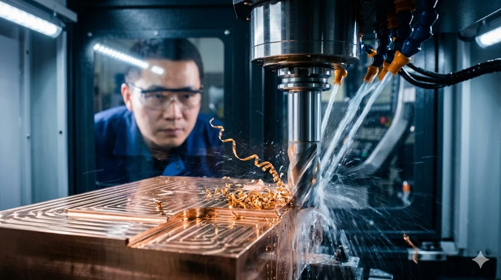 Chinese technician monitoring the CNC machining of a pure copper part to prevent built-up edge