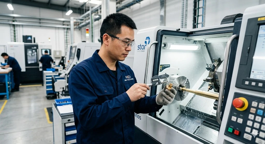 A skilled Chinese engineer inspecting a precision-machined brass component at a modern manufacturing facility. A skilled Chinese engineer inspecting a precision-machined brass component at a modern manufacturing facility.