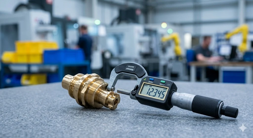 Close-up of a technician using a digital micrometer to verify the dimensional accuracy of a brass CNC part.
