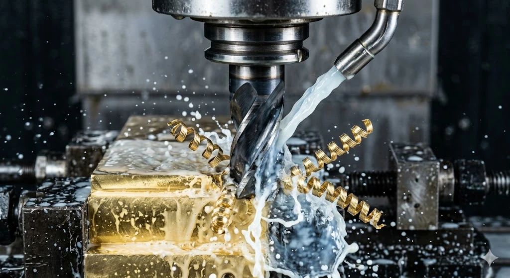 Macro view of a professional CNC milling process demonstrating precise chip control on brass material.