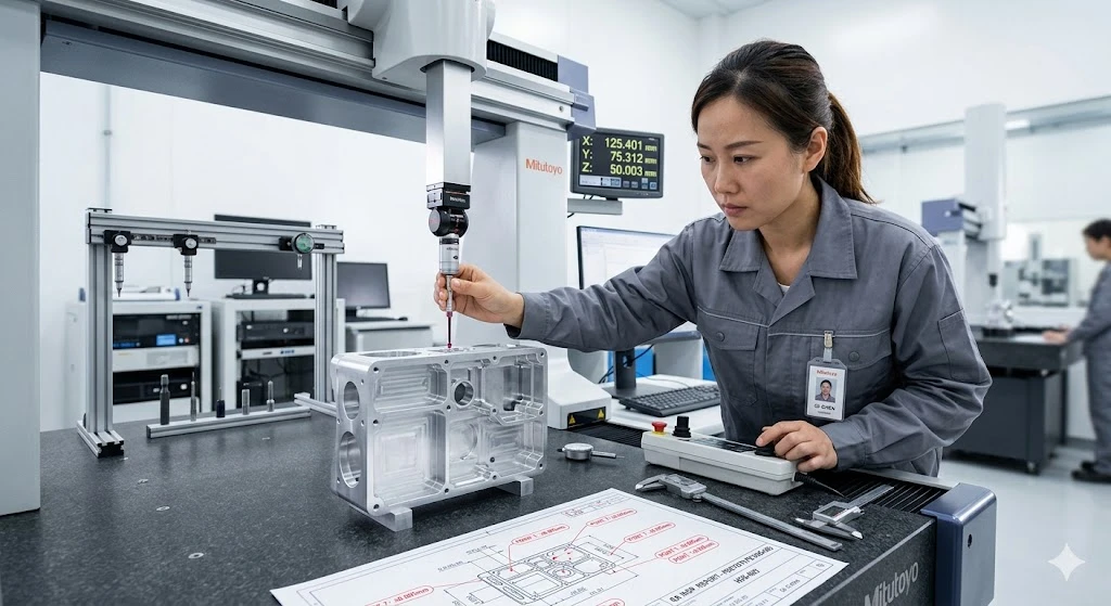 A quality control inspector using a CMM to verify the dimensional tolerances of a newly machined prototype part.