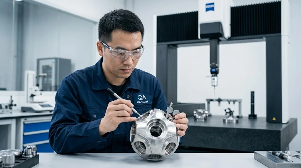 Chinese QA engineer inspecting a precision 5-axis CNC machined titanium housing in a quality control laboratory Chinese QA engineer inspecting a precision 5-axis CNC machined titanium housing in a quality control laboratory